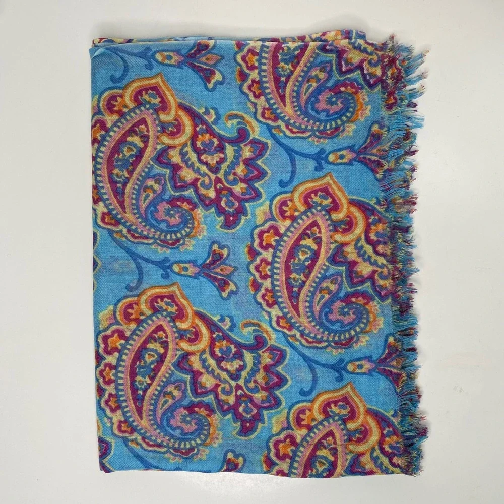Peter Millar Silk Cashmere Paisley Scarf Blue Pink‎ Fringe 27x72 Quiet Luxury